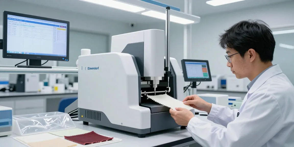 Technician using an Elmendorf tear tester in a modern lab to measure tear resistance of textiles and plastics.