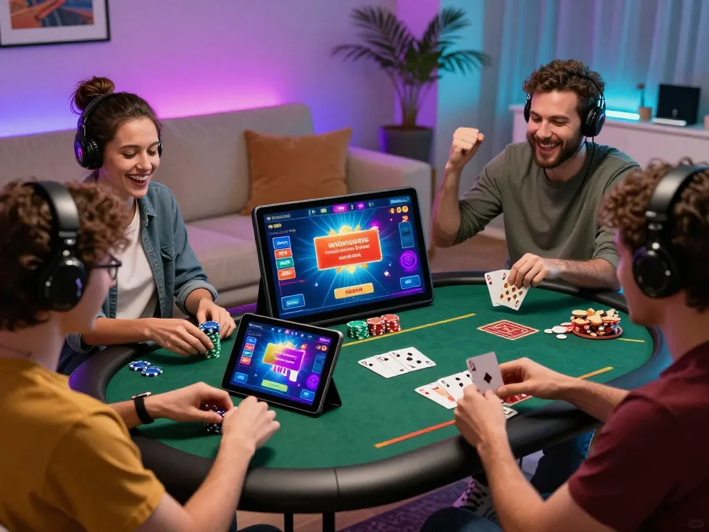 Engaged players enjoying Bomwin online gaming on a tablet in a lively living room.