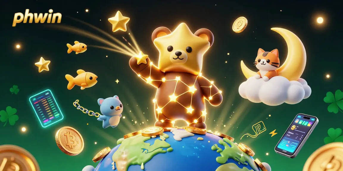 Experience the magic of phwin as the constellation bear scoops coins, surrounded by crypto elements in fantasy!