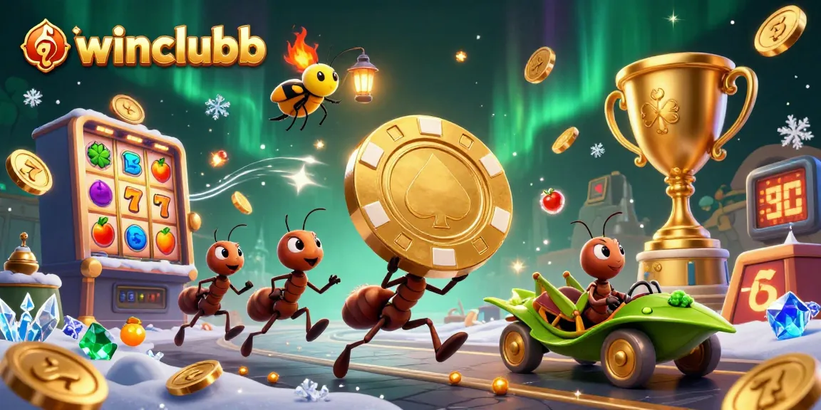 Experience iwinclubb's vibrant casino world with ants heisting a giant poker chip amid slot machines and gold coins.