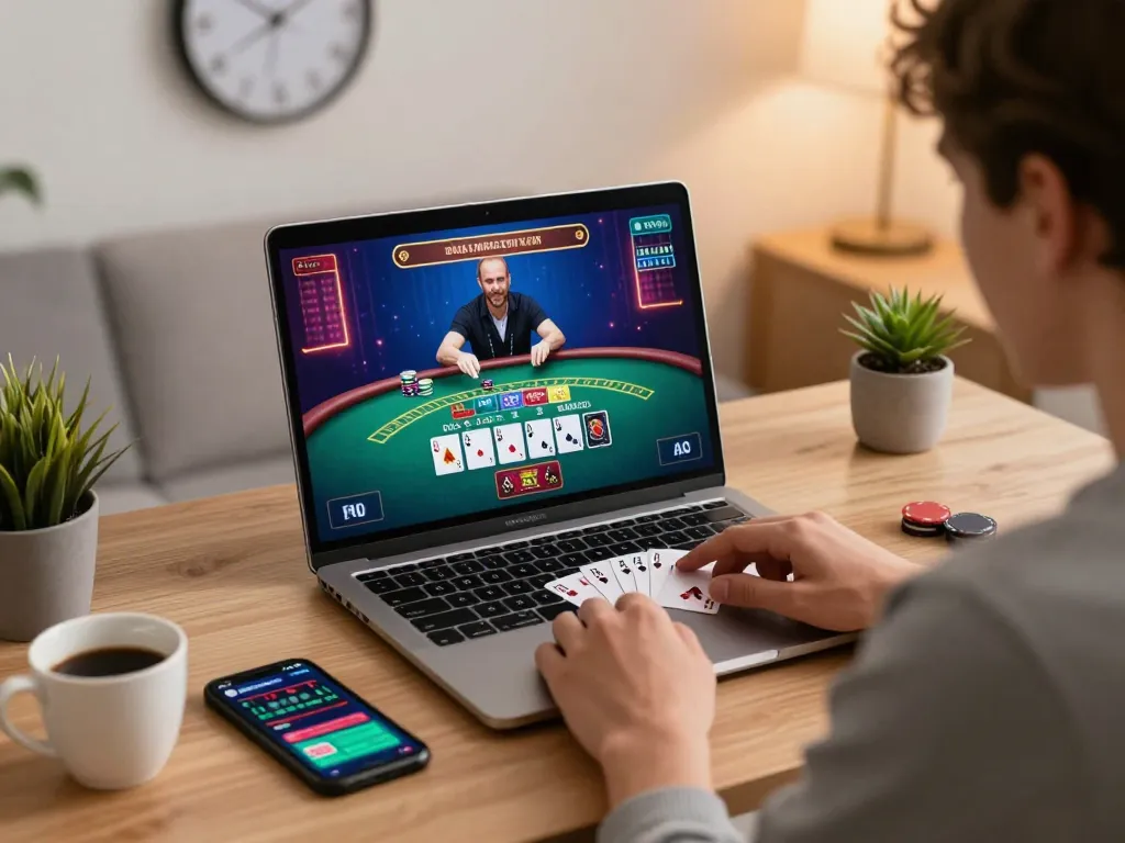 Player engaging in online gambling on red88 platform with live dealer, showcasing strategic gameplay and cozy home setting.