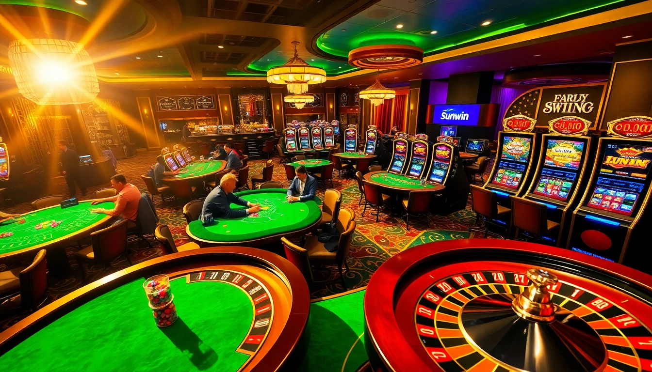 Experience the thrill of sunwin gaming amidst high-stakes poker and vibrant slot machines.