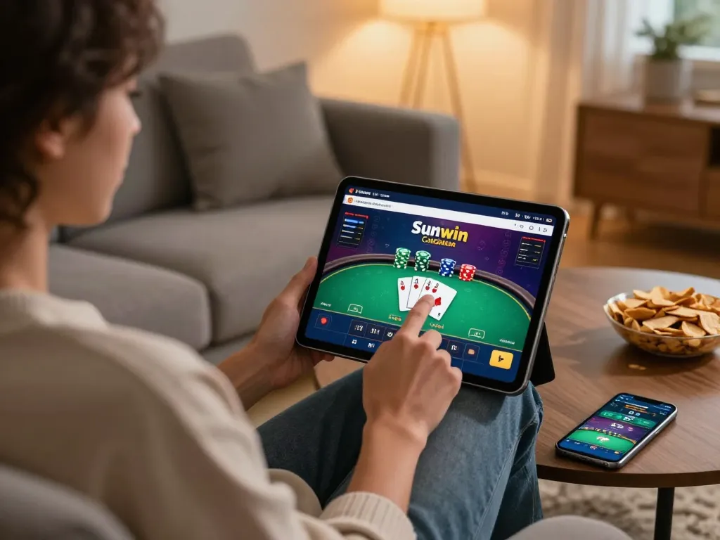 Player engaging with Sunwin poker game interface in a cozy home gaming setup