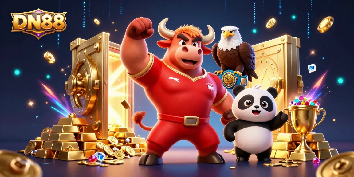 Engage in thrilling gameplay at DN88 with a victory-themed illustration featuring mascots celebrating a successful casino experience.