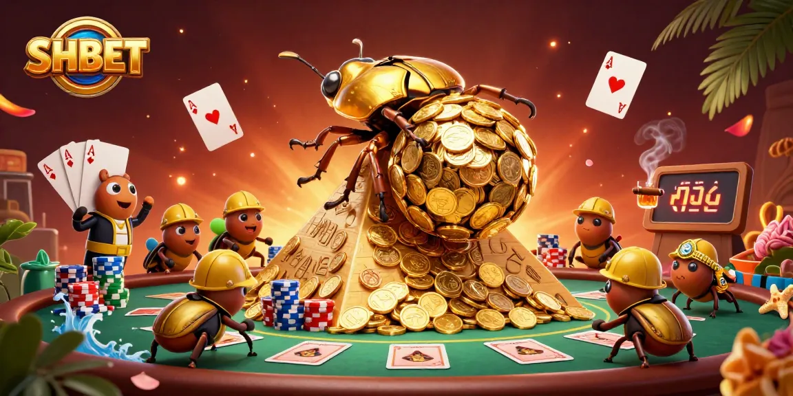 Engage with SHBET's vibrant casino atmosphere featuring delightful golden beetles and poker elements.