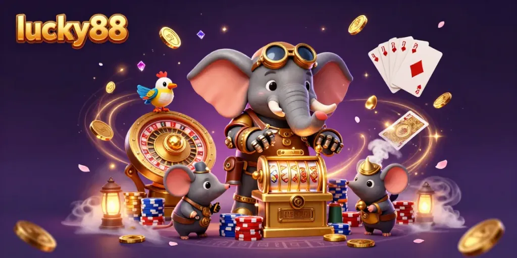 Experience thrilling wins at lucky88 with an energetic steampunk elephant operating a golden slot machine.