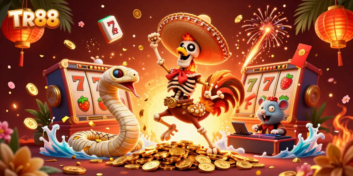 Celebrate with TR88 as a mariachi rooster dances atop coins, surrounded by vibrant gambling elements.
