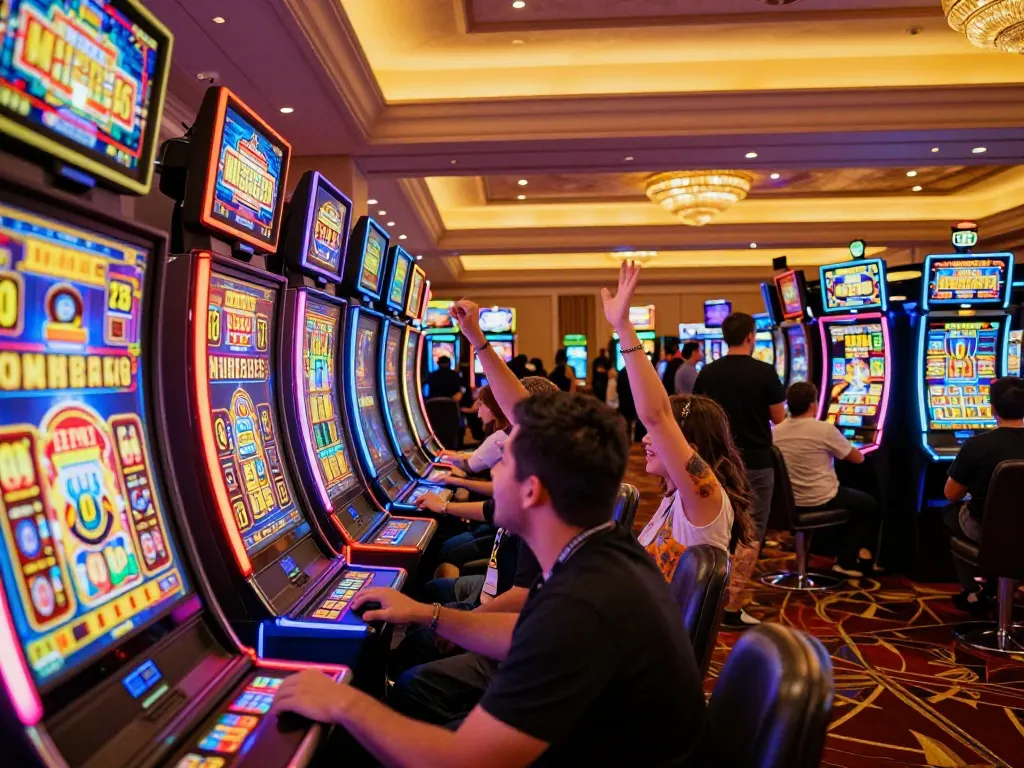Bong88 players celebrating wins at colorful slot machines in an exhilarating casino environment
