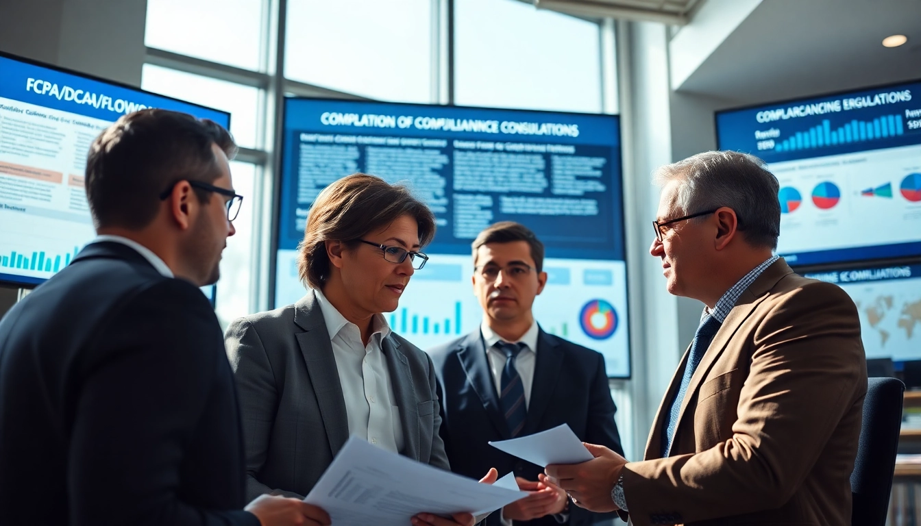 FCPA/DCAA/Flowdown/ITAR/EAR compliance discussion among professionals in an office.