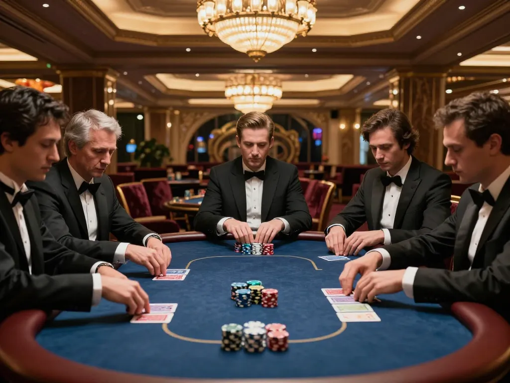 Tỷ lệ kèo nhà cái hôm nay showcased in an upscale poker game setting with players engrossed in action.