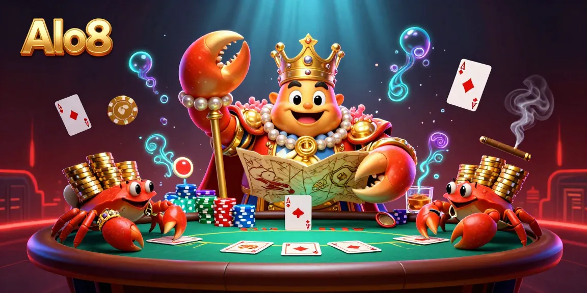 Alo8's captivating golden crab emperor leads a thrilling poker game with vibrant elements in a dynamic casino scene.