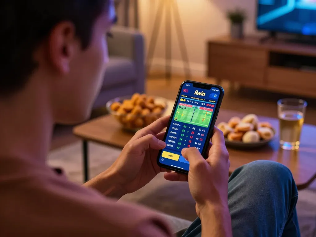 Engaging user placing a sports bet on llwin app in modern living room setting.