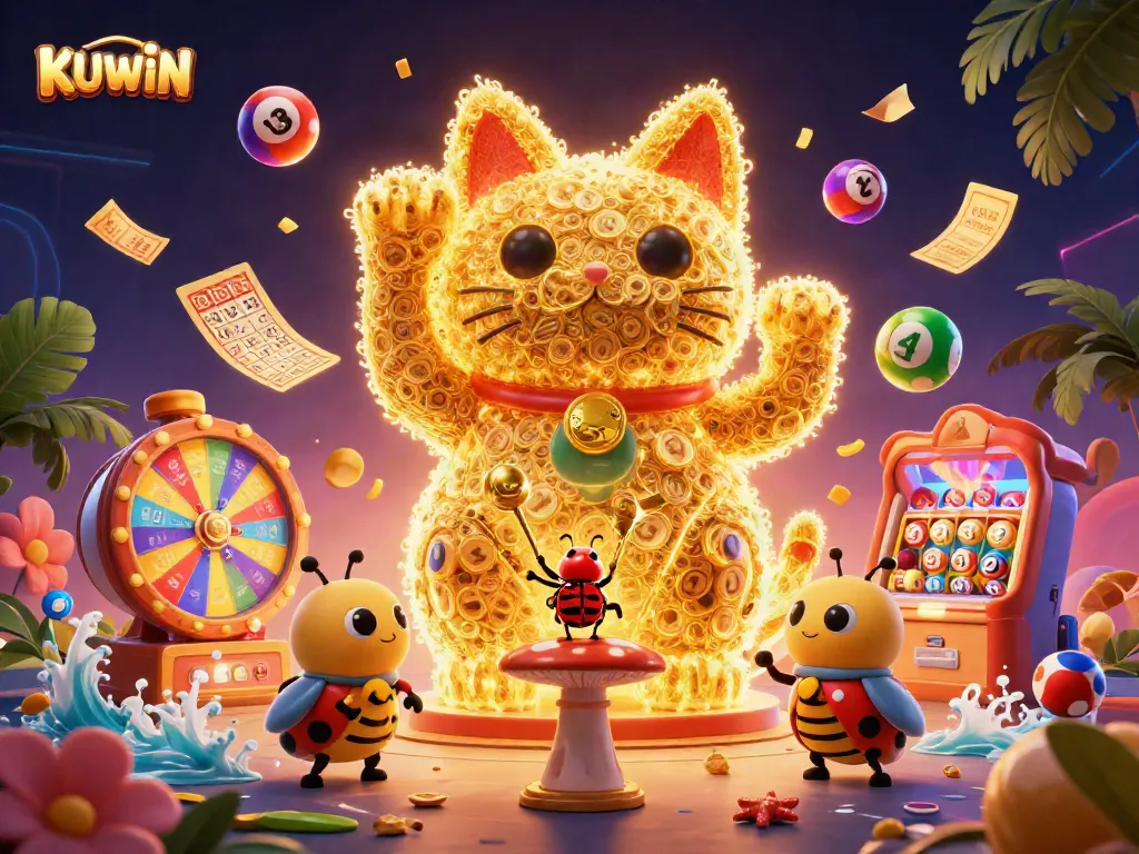 Engage with the KUWIN luck as golden fireflies form a lucky cat among lively casino symbols.