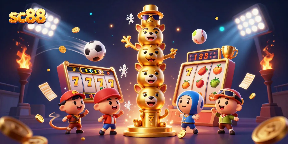 Experience exciting wins at sc88 with a vibrant 3D casino illustration showcasing animated slot reels and gaming elements.