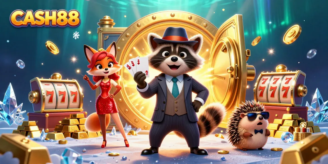 Experience incredible jackpots at CASH88 with raccoon and fox characters in a vibrant casino scene.