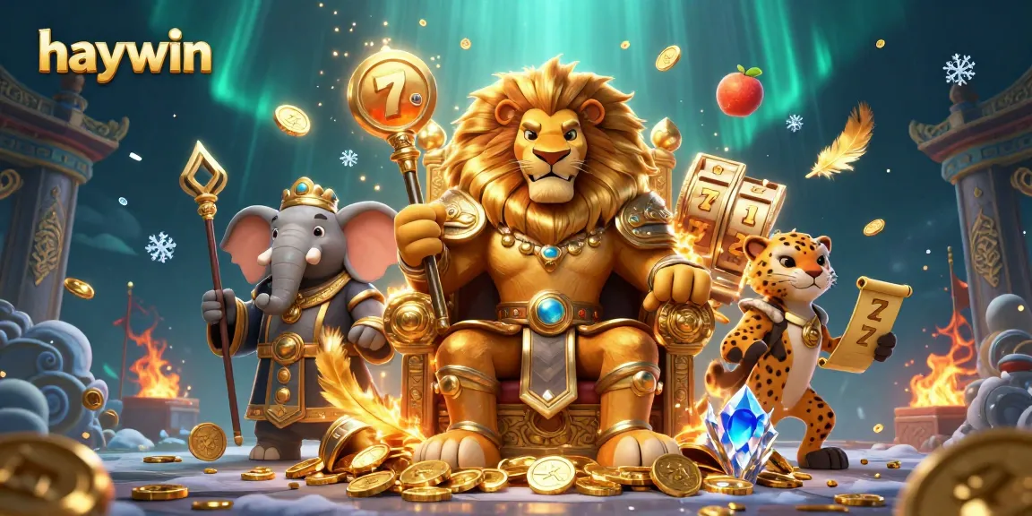 Experience the excitement of haywin with an illustration of a lion king, slots, and vibrant casino elements.