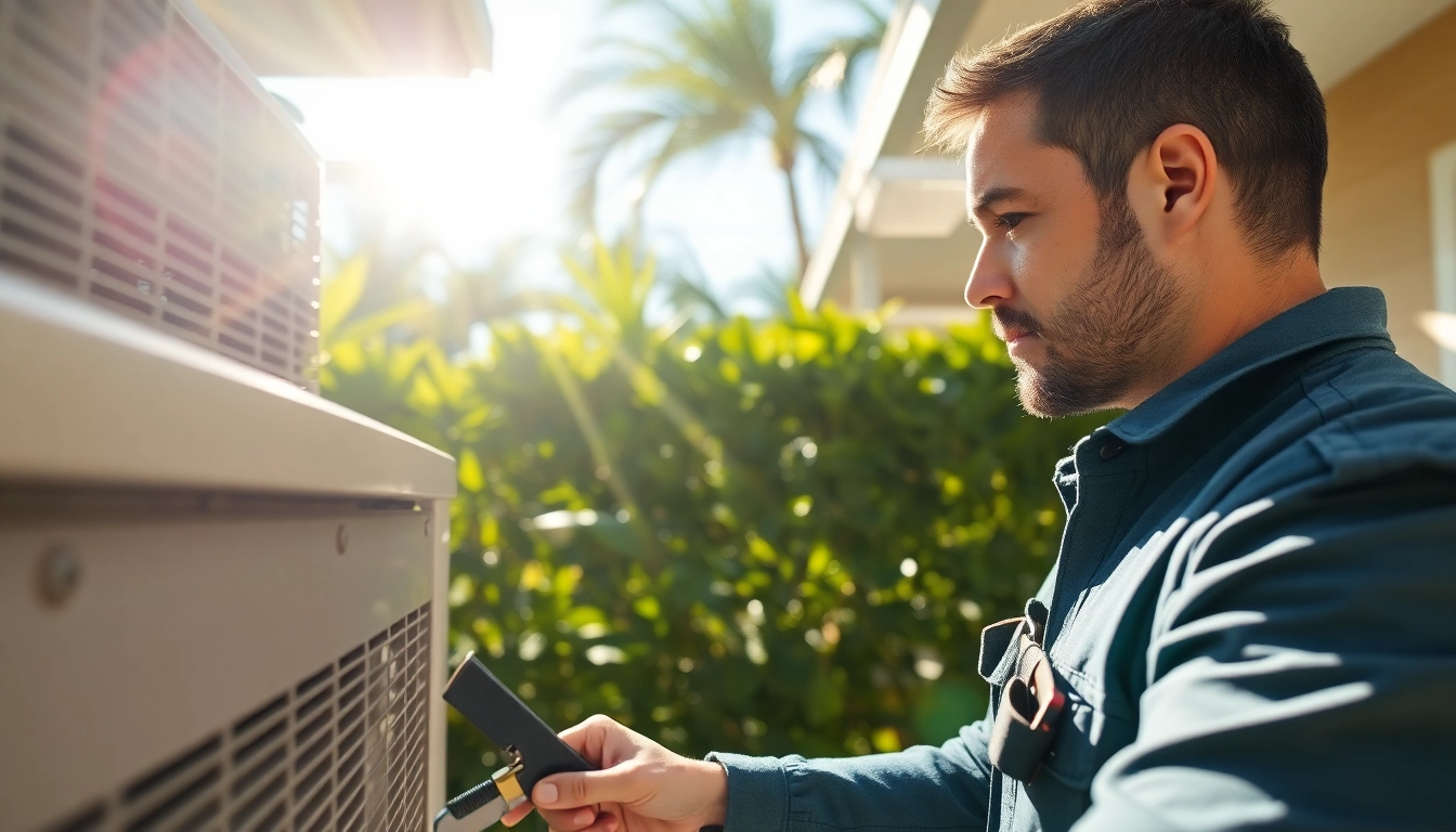 Expert performing Air Conditioning Repair Tampa with tools in a sunny, professional setting.