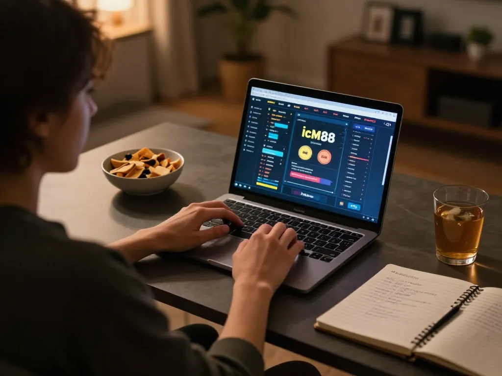 Person enjoying icm88 online gambling at home, laptop displaying gaming interface with strategy notes.