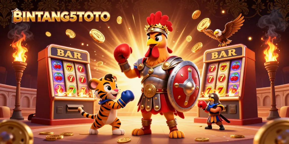 BINTANG5TOTO features a gladiator rooster and tiger cub in a jackpot scene with vibrant slot elements.