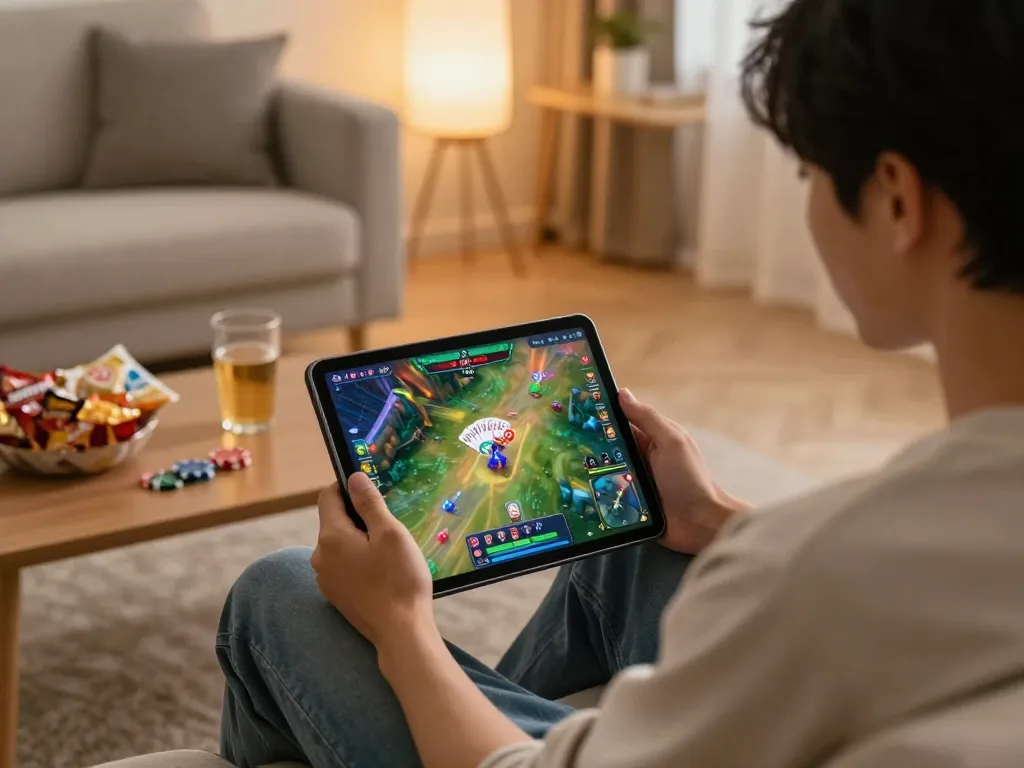 Engaging gameplay experience featuring RR99 game on a tablet in a cozy home setting.