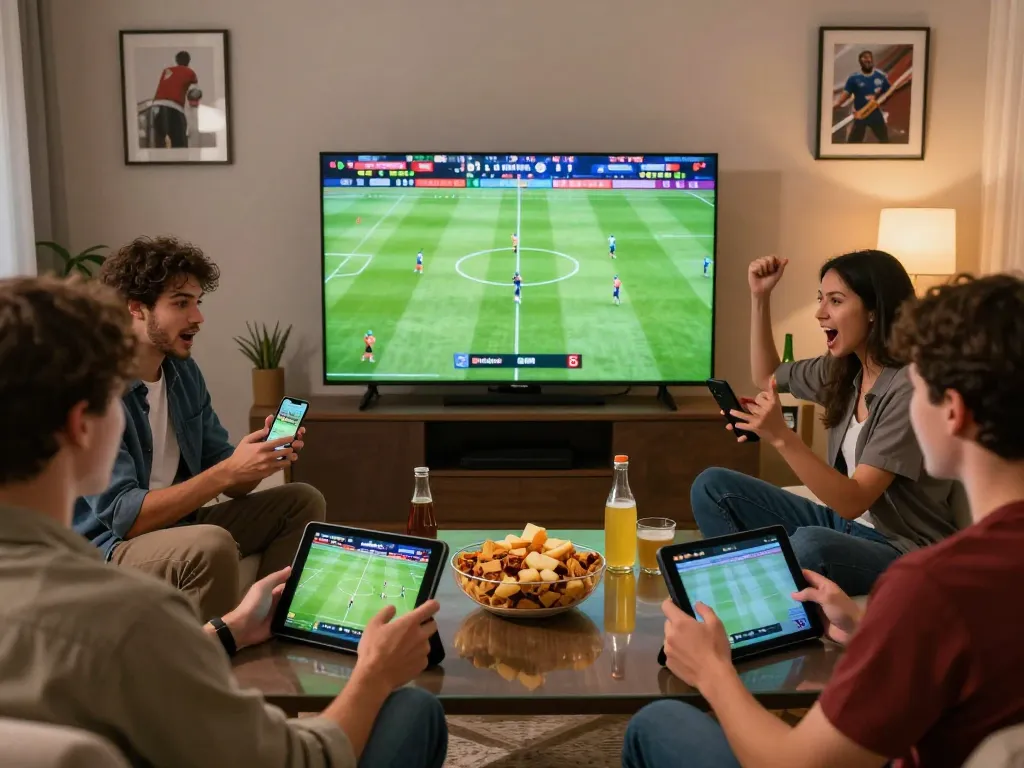 Friends enjoying an engaging online betting experience at https://okfun.onl/ during a live football match.
