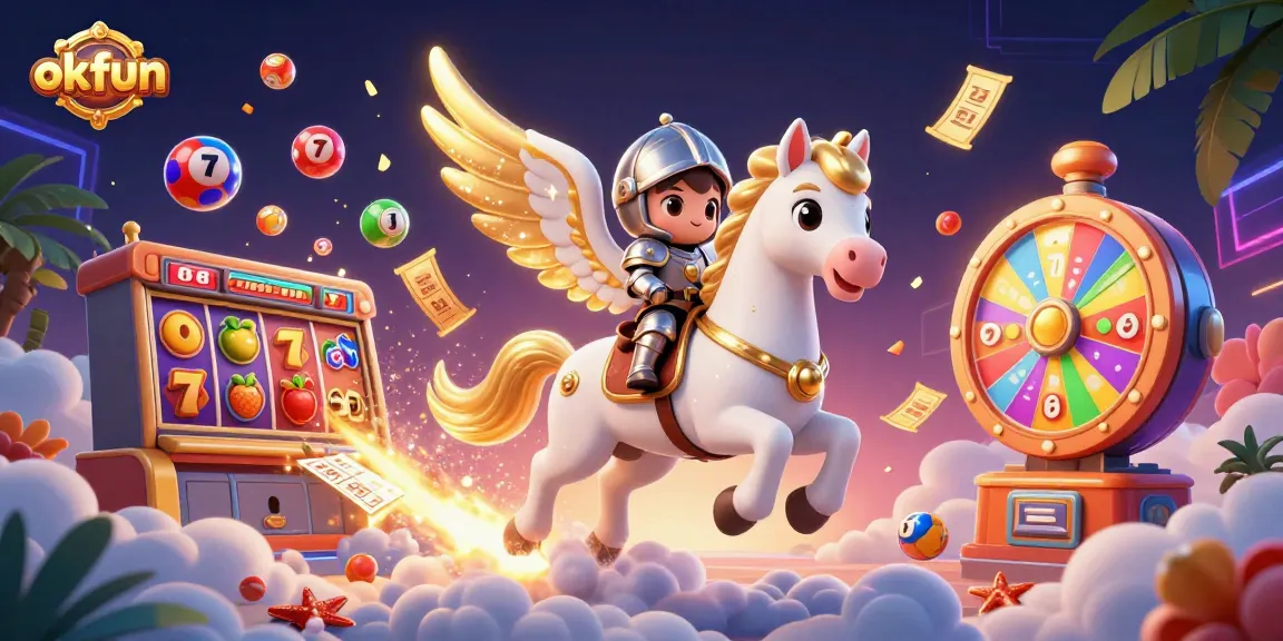 Experience thrilling gaming opportunities with okfun's vibrant casino elements in a dynamic 3D illustration.