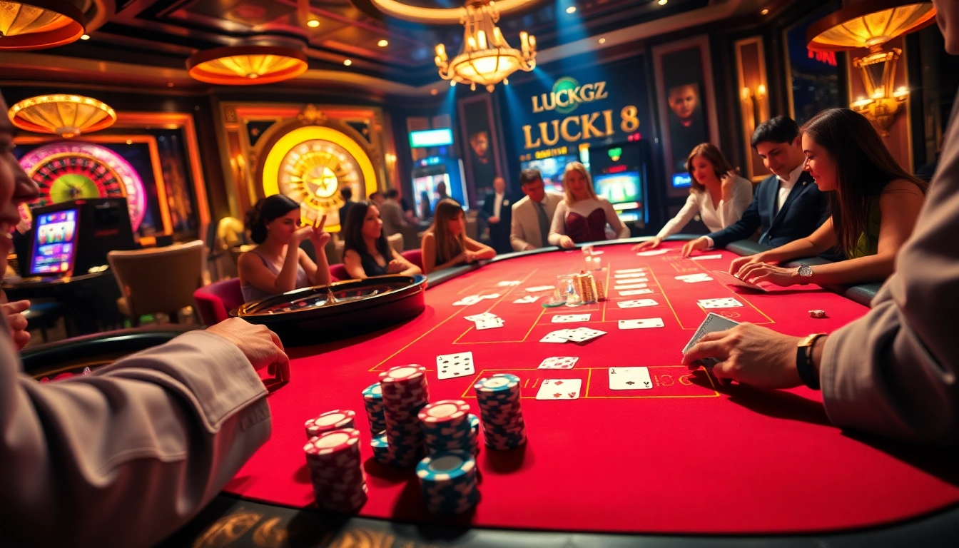 Luck8 gaming table packed with vibrant poker chips and cards amidst a thrilling casino atmosphere.