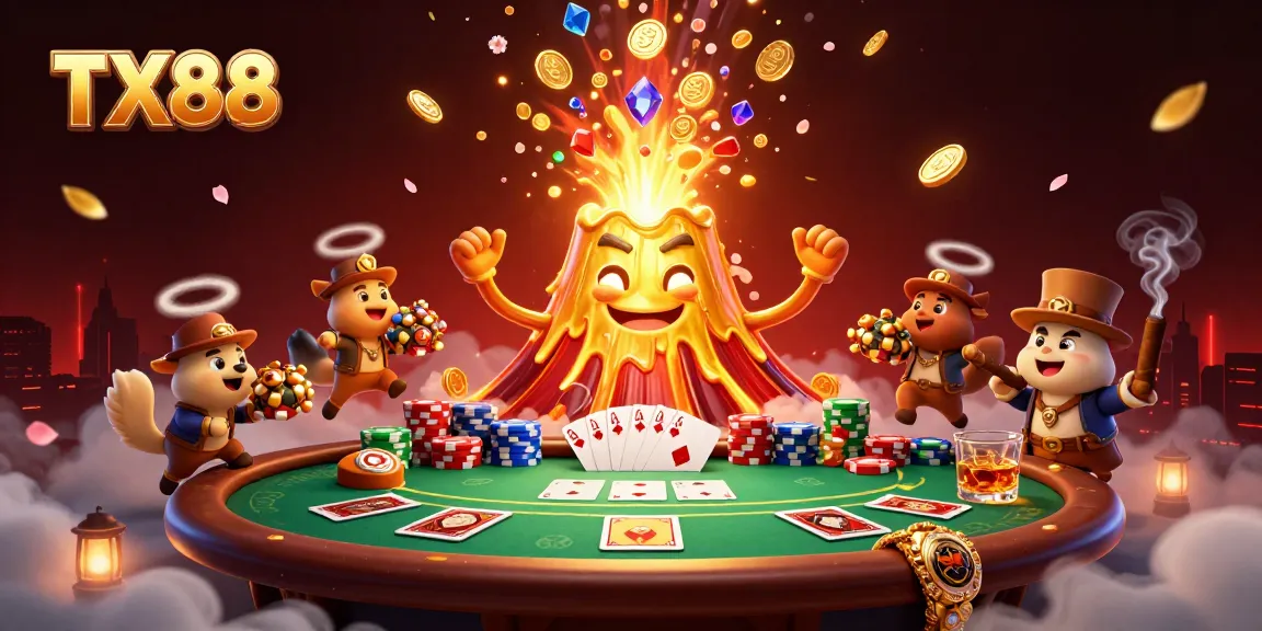 Unleash your luck with TX88 at our vibrant casino scene featuring treasures and poker action.