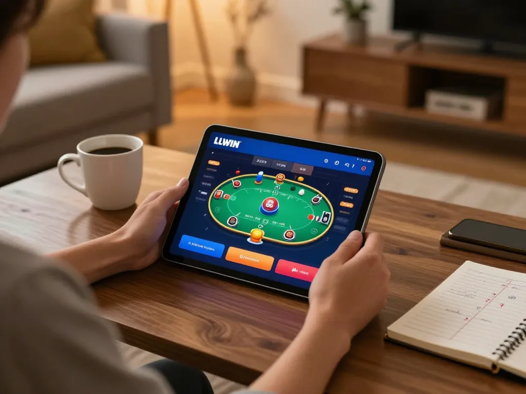 Engaging in the LLWIN Download app for online poker gaming at home, highlighting a cozy atmosphere and strategic play