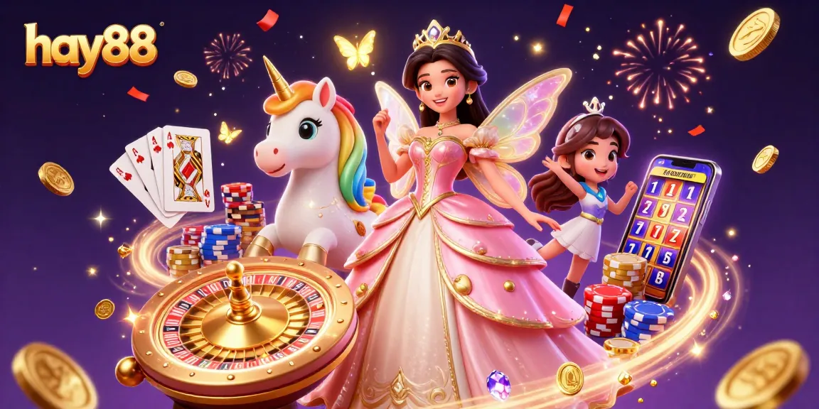 Play exciting games at hay88, showcasing a glamorous scene with coins, roulette, and vibrant characters.