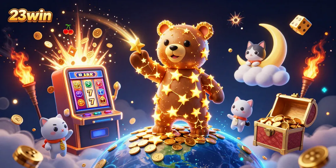 Win big with 23win in this vibrant casino scene featuring a golden bear and a jackpot explosion.