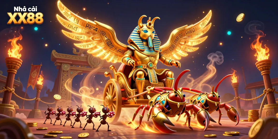 Engage with Nhà cái XX88 through vibrant 3D casino artwork featuring a pharaoh beetle, scorpions, and poker chips.