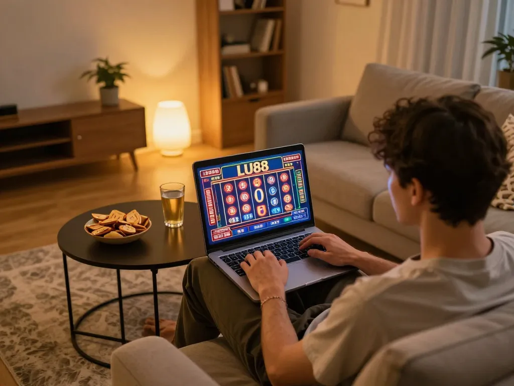 Engaging in LU88 online casino gaming at home, showcasing a relaxed gaming atmosphere.