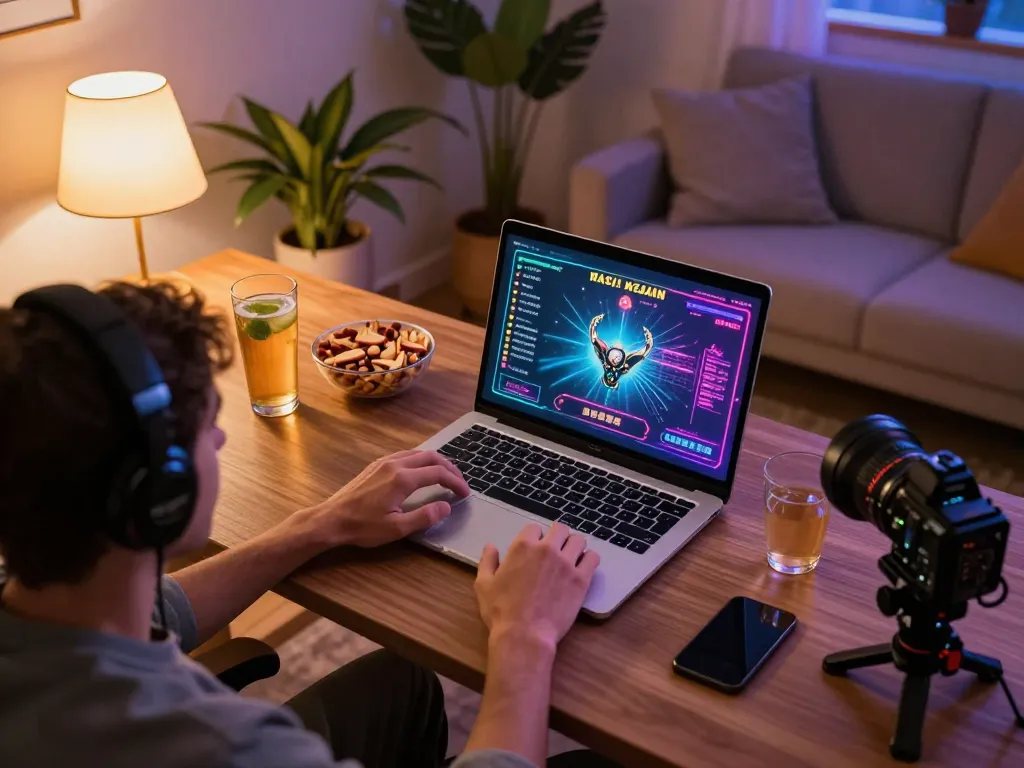 MAY88 user enjoying live dealer game on laptop at home, showcasing modern online gaming experience