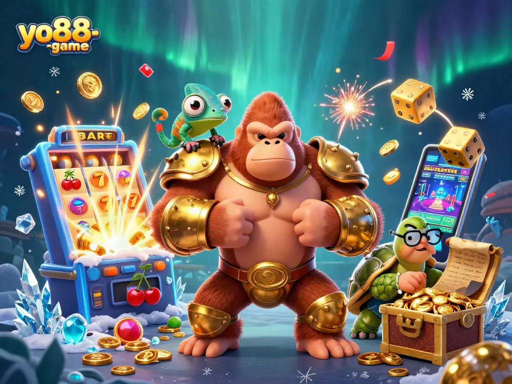 Experience thrilling moments at yo88-game with a gorilla king, chameleon spy, and tortoise elder among vibrant casino elements.
