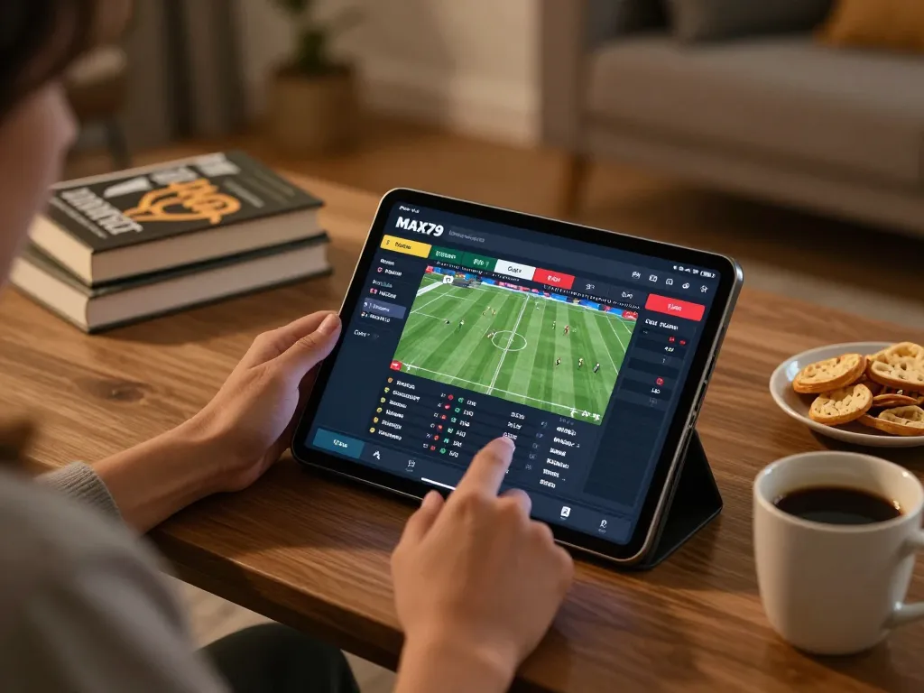 MAX79 sports betting experience displayed on a tablet in a cozy home setup.