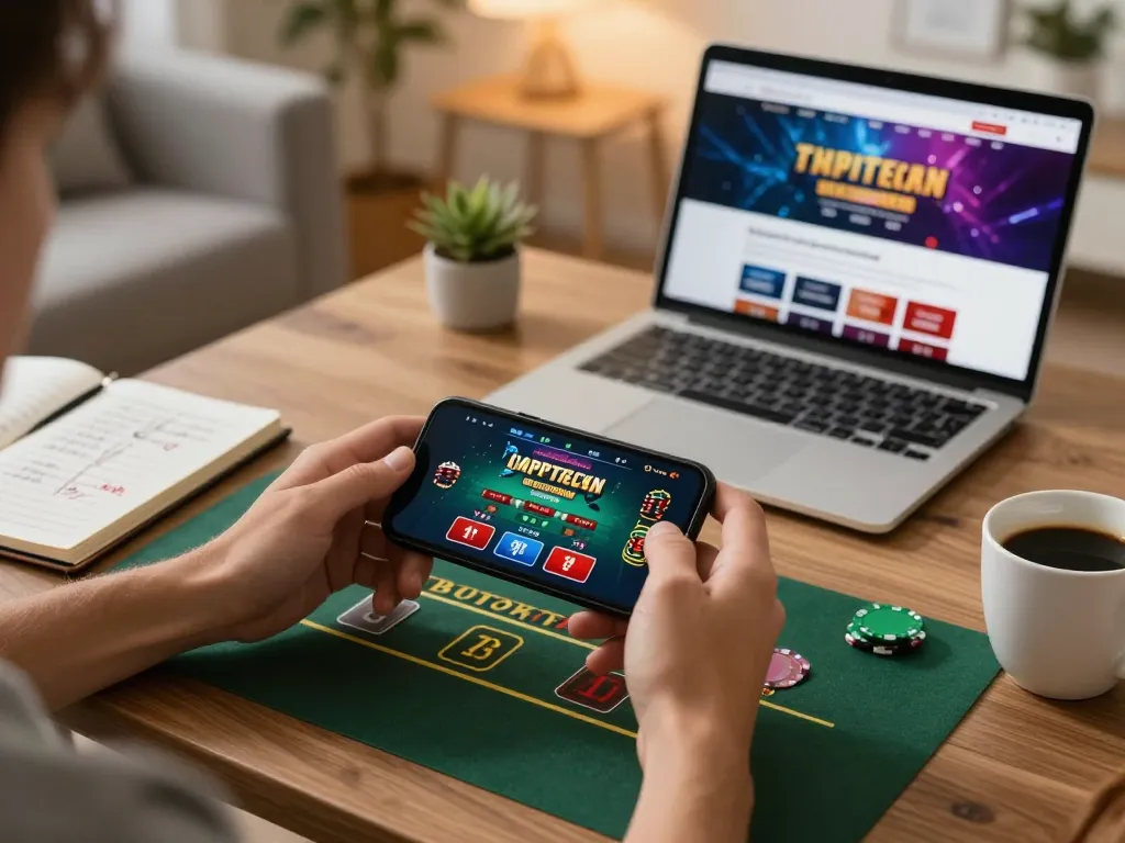 Player interacting with the ww88 mobile casino app during a home gaming session, showcasing responsible entertainment.