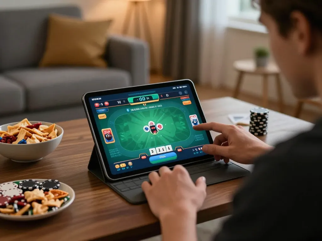 Engaging mobile gaming scene featuring a person enjoying 23win link poker on a tablet in a cozy home setting with snacks.