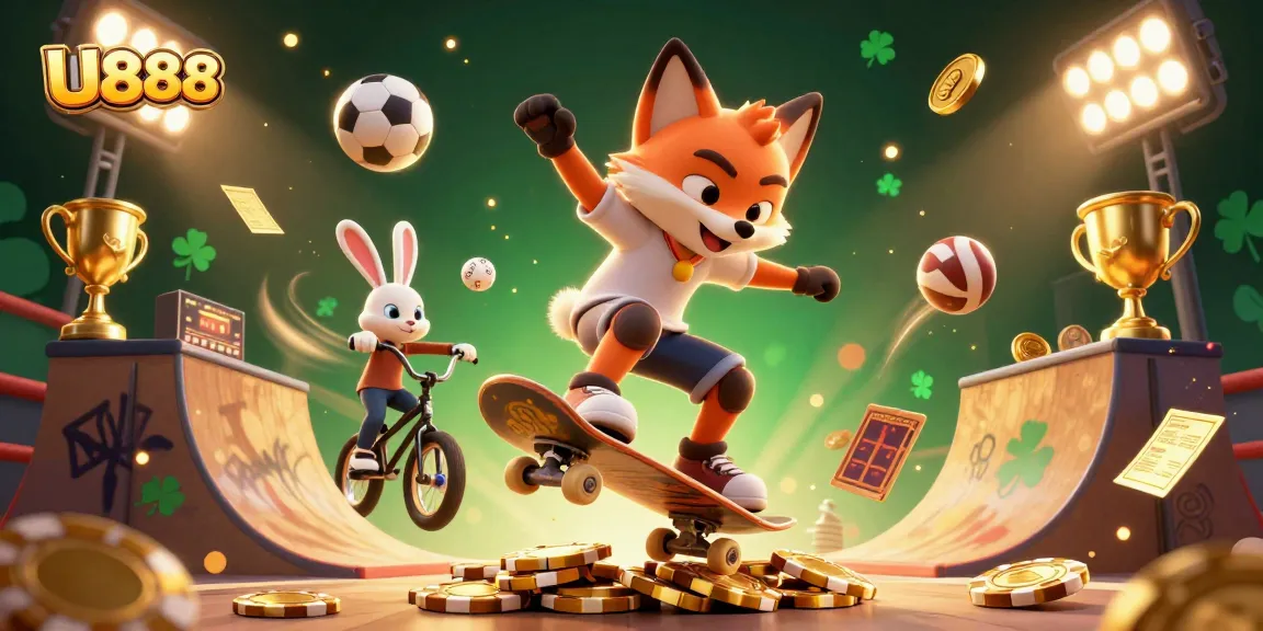 Experience thrilling gameplay with U888 as cartoon characters collide in a vibrant casino scene.