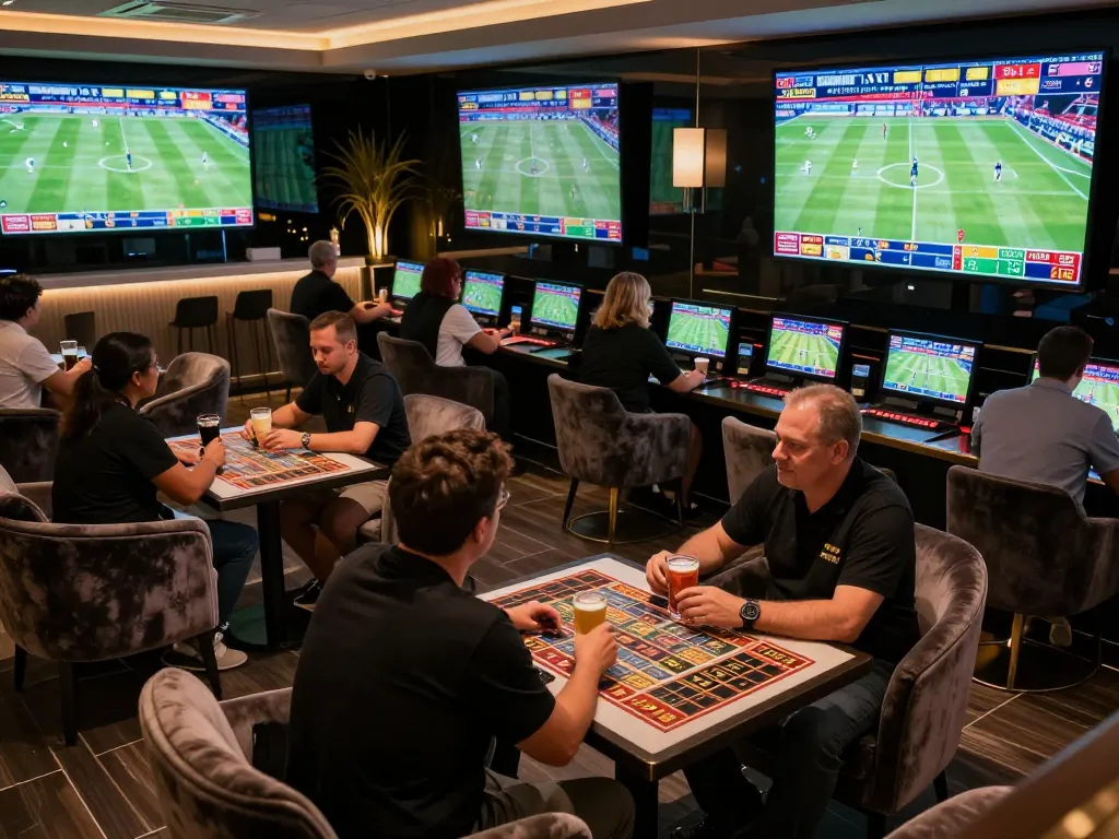 Tỷ lệ kèo nhà cái hôm nay showcased with patrons actively engaged in sports betting at a luxurious lounge.