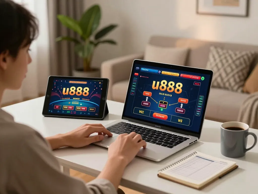 Play u888 online casino games with stylish home gaming setup, showcasing modern technology and responsible gambling.