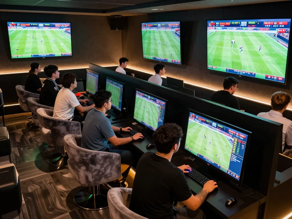 Engaged bettors analyzing live scores on lương sơn tv screens in a luxurious lounge.