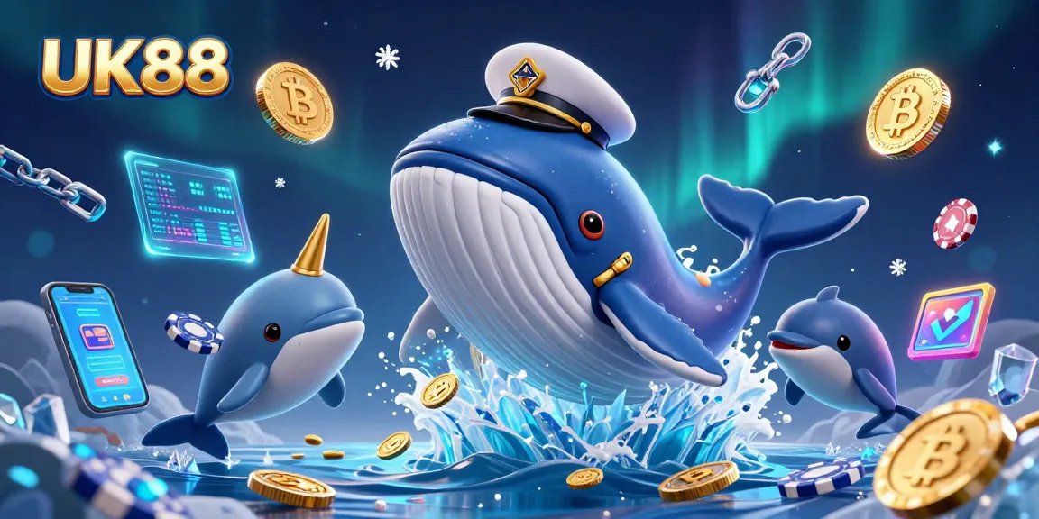 Engage with UK88, featuring a whale captain amidst swirling crypto coins and playful dolphins.