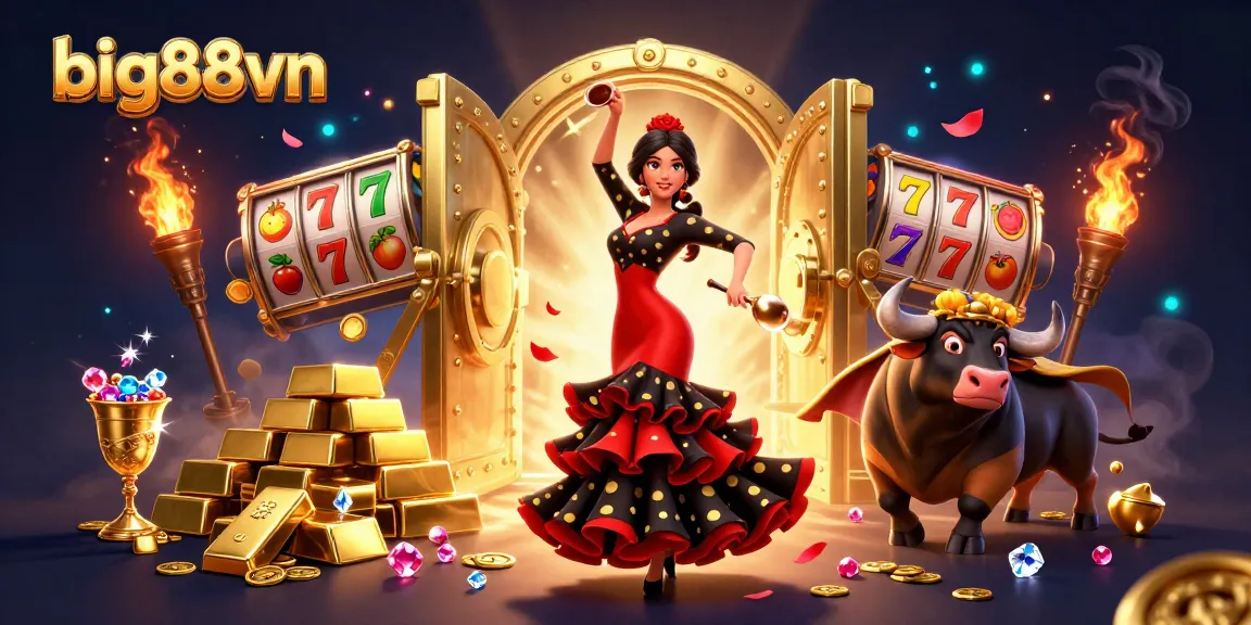 Engage with the vibrant world of big88vn, featuring a dynamic animation of a glamorous dancer surrounded by treasure.
