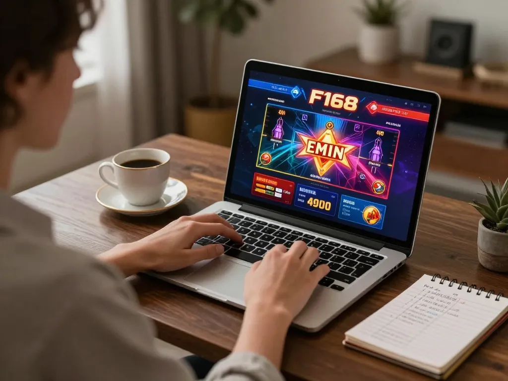 Player engaged with F168 online casino on laptop, showcasing an immersive gaming experience