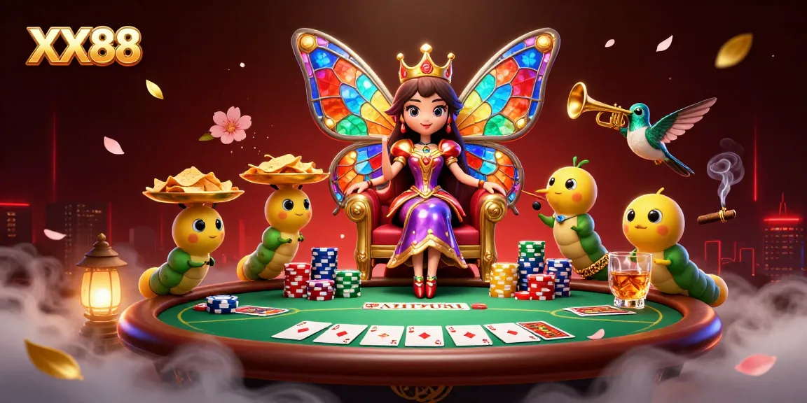 Engage with XX88's vibrant 3D butterfly queen as she rules over a dynamic casino scene, packed with poker action.