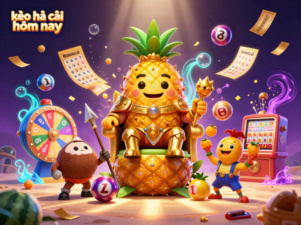 Engage with kèo nhà cái hôm nay featuring the golden pineapple king at a vibrant beach casino scene.
