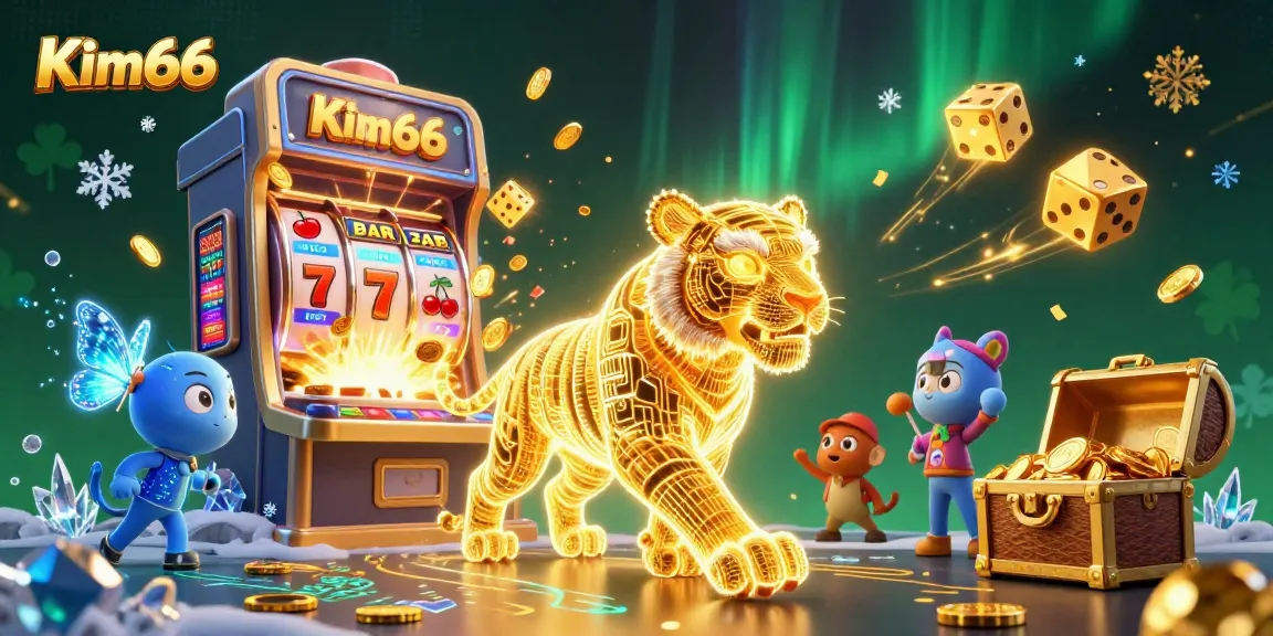 Experience the thrill of Kim66 with a vibrant 3D casino scene featuring exciting games and golden rewards.