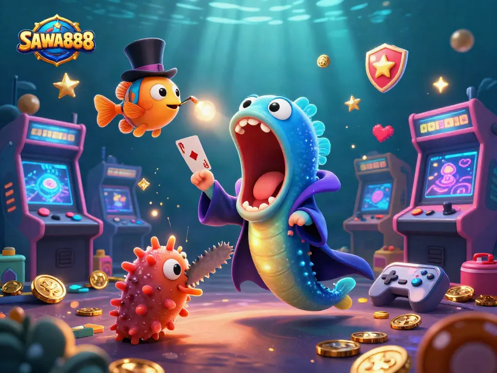 SAWA888 showcases a vibrant underwater casino scene with a magical deep-sea eel performing tricks.