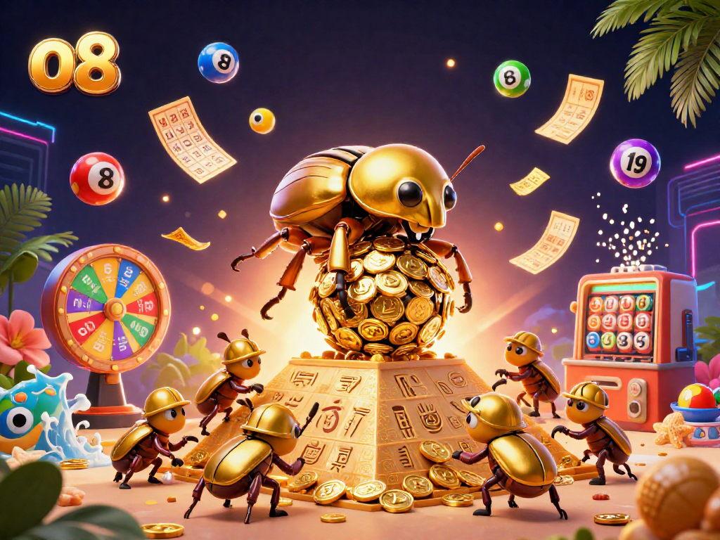 Engage with the exciting world of o8 by enjoying a vibrant 3D illustration of a golden beetle amidst lottery elements.
